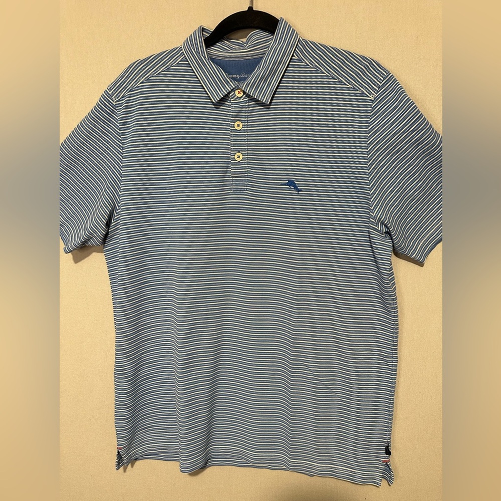 Tommy Bahama Mens Blue Striped Polo Shirt. Size L. Good condition.